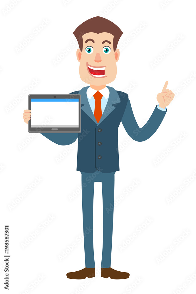 Businessman holding tablet PC and pointing up Businessman holding tablet PC and pointing up