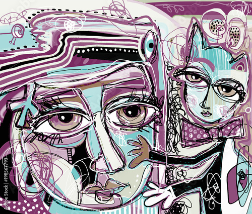 original abstract digital painting of human face with a cat