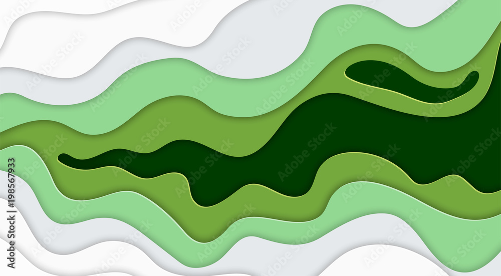 Paper art cartoon abstract waves in realistic trendy craft style. Modern origami design template. Concept inspiration or idea for your projects. Vector illustration.