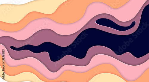 Paper art cartoon abstract waves in realistic trendy craft style. Modern origami design template. Concept inspiration or idea for your projects. Vector illustration.