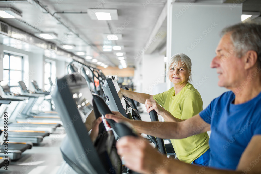 Glad senior lady training on stair stepper at gym with friend