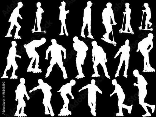people white silhouettes on roller skates and scooters