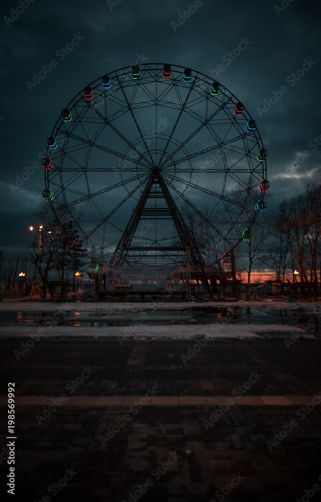 A wonderful beautiful sunset with textured clouds panorama of the embankment of the city of Khabarovsk