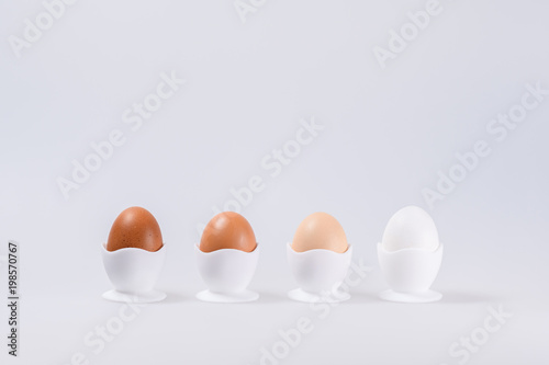 gradation of color from four eggs from Brown to white, egg Cup, isolated on white background with space for text