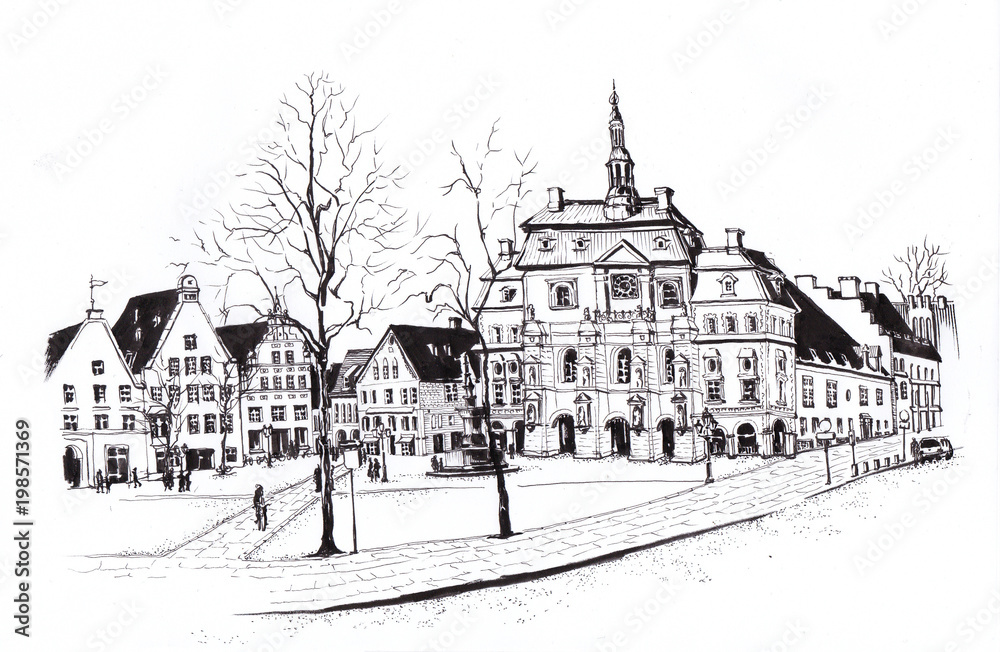 Germany, Luneburg. Stint Market square with town hall. Urban Sketch.