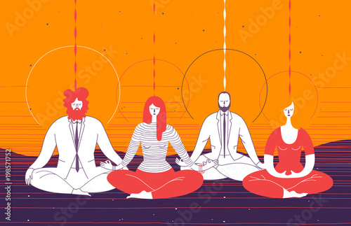 Several office workers in smart clothing sit in yoga position and meditate. Concept of business meditation, mindfulness, concentration, and team building activity. Vector illustration for poster.