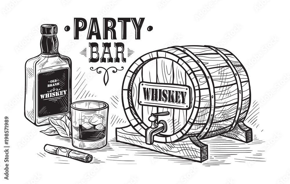 Sketch Whiskey Bottle and Glass and wooden barrel. Hand Drawn Drink Vector Illustration