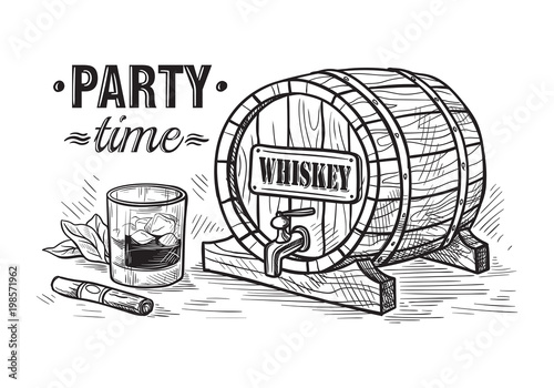 Sketch Whiskey Bottle and Glass and wooden barrel. Hand Drawn Drink Vector Illustration