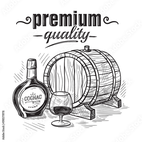 Sketch Whiskey Bottle and Glass and wooden barrel. Hand Drawn Drink Vector Illustration