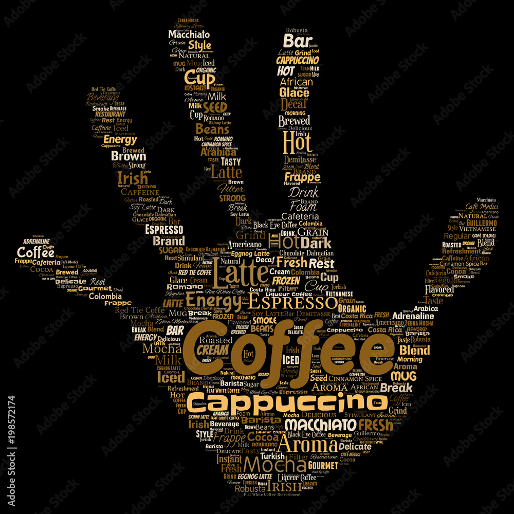 Naklejka Wektor pojęciowy kreatywny gorący poranek włoska przerwa na kawę cappuccino lub espresso restauracja lub kawiarnia strony wydruku stempel napój słowo cloud na białym tle. Odrobina energii lub tekst koncepcji napoju smakowego