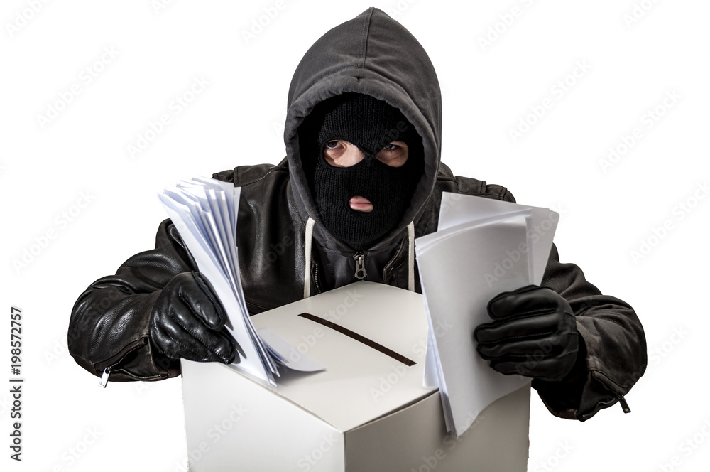 Election fraud and vote rigging concept with a thief wearing a hoodie, ski mask and leather gloves is ballot stuffing an electoral voting box, isolated on white with a clipping path cutout