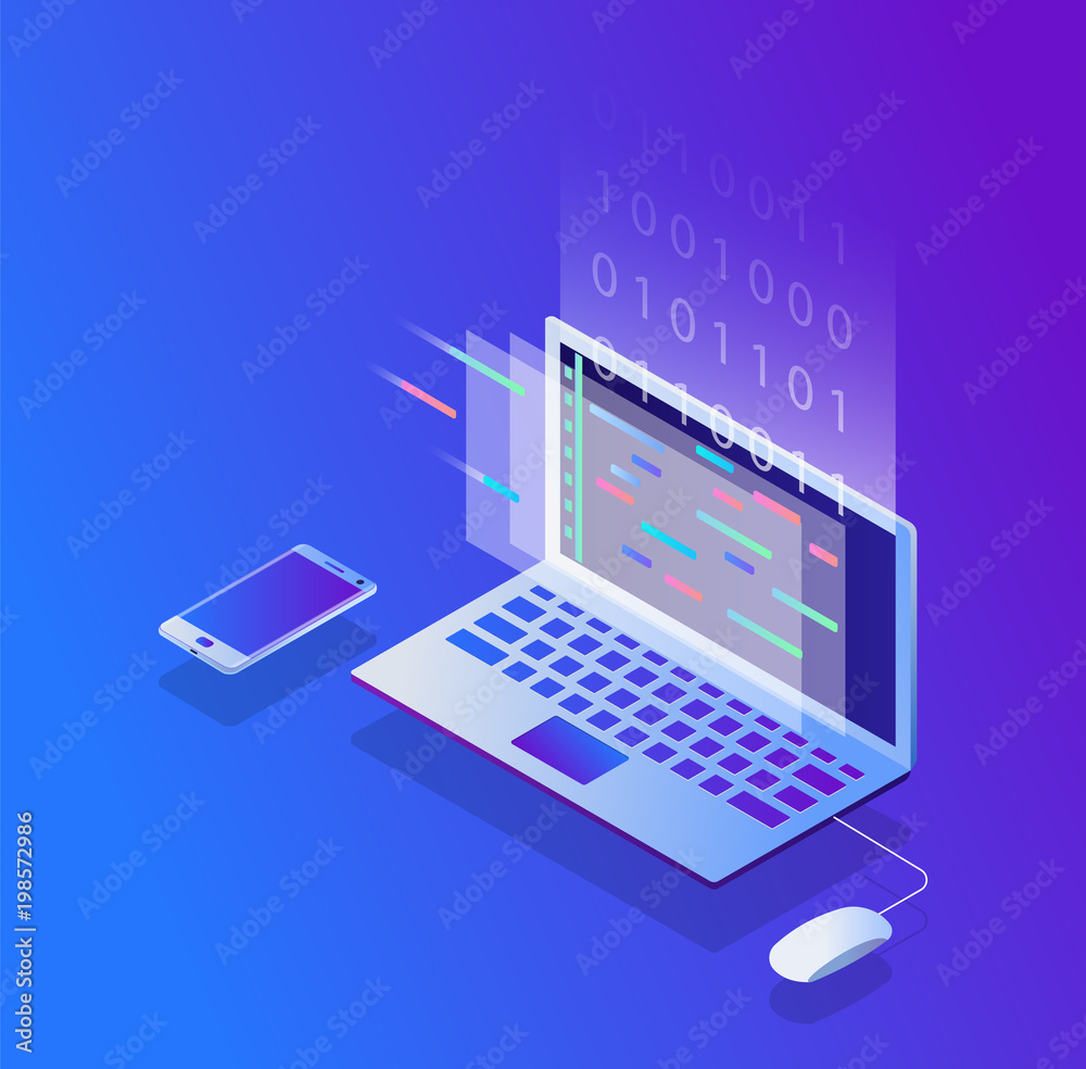 Programming and coding, Website development, Gradient isometric vector illustration Programming and coding, Website development, Gradient isometric vector illustration