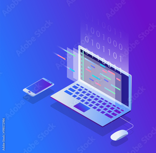 Programming and coding, Website development, Gradient isometric vector illustration