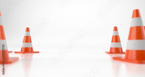 Fototapeta Naklejka Na Ścianę i Meble -  3D Rendering of Realistic Traffic Cones With Soft Focus And Reflection And Space For Text