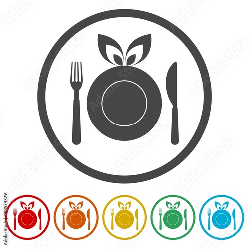 Healthy Food Plate, Food dinning kitchen menu restaurant icon, 6 Colors Included