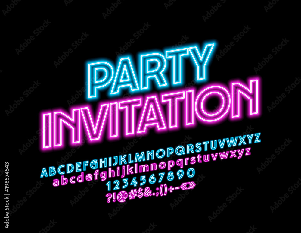 Vector Neon Cool Rotated Party Invitation. Glowing bright Font. Modern Alphabet Letters, Numbers and Symbols