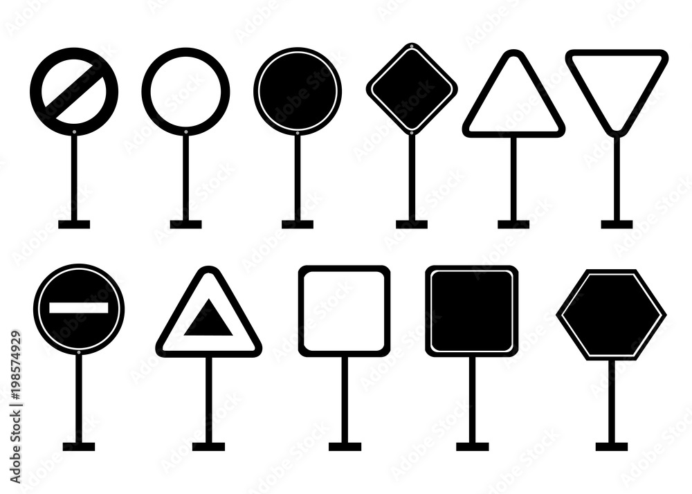 Black silhouettes. Set of road signs. Road signs with empty space ,place for your symbols or picture. Vector illustration isolated on white background. Website page and mobile app design Black silhouettes. Set of road signs. Road signs with empty space ,place for your symbols or picture. Vector illustration isolated on white background. Website page and mobile app design