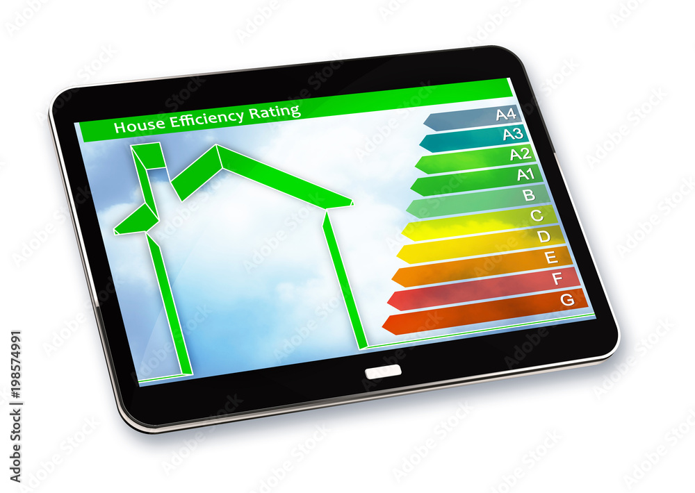 Buildings energy efficiency concept image. 3D render of a digital tablet with home and energy classes according to the new European law Buildings energy efficiency concept image. 3D render of a digital tablet with home and energy classes according to the new European law