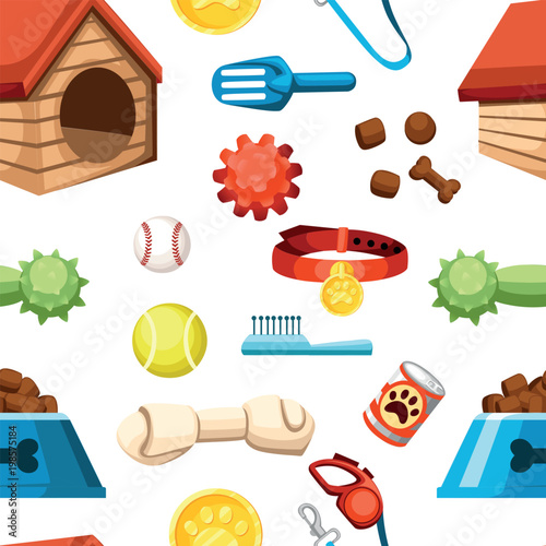 Seamless pattern of pet shop icons. Accessories for dogs. Flat vector illustration. Feed, toys, balls, collar. Products for the pet shop. Vector illustration on white background