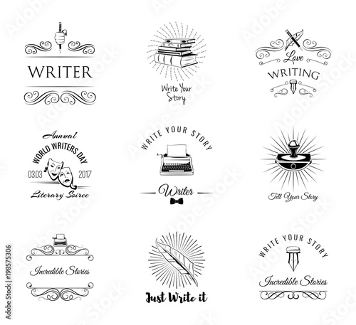 Writer vintage labeles and badges set. Arts Design Elements. Isolated On White