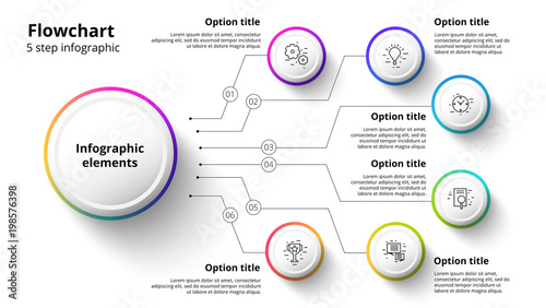 Business process chart infographics with 6 step segments. Circular corporate timeline infograph elements. Company presentation slide template. Modern vector info graphic layout design.