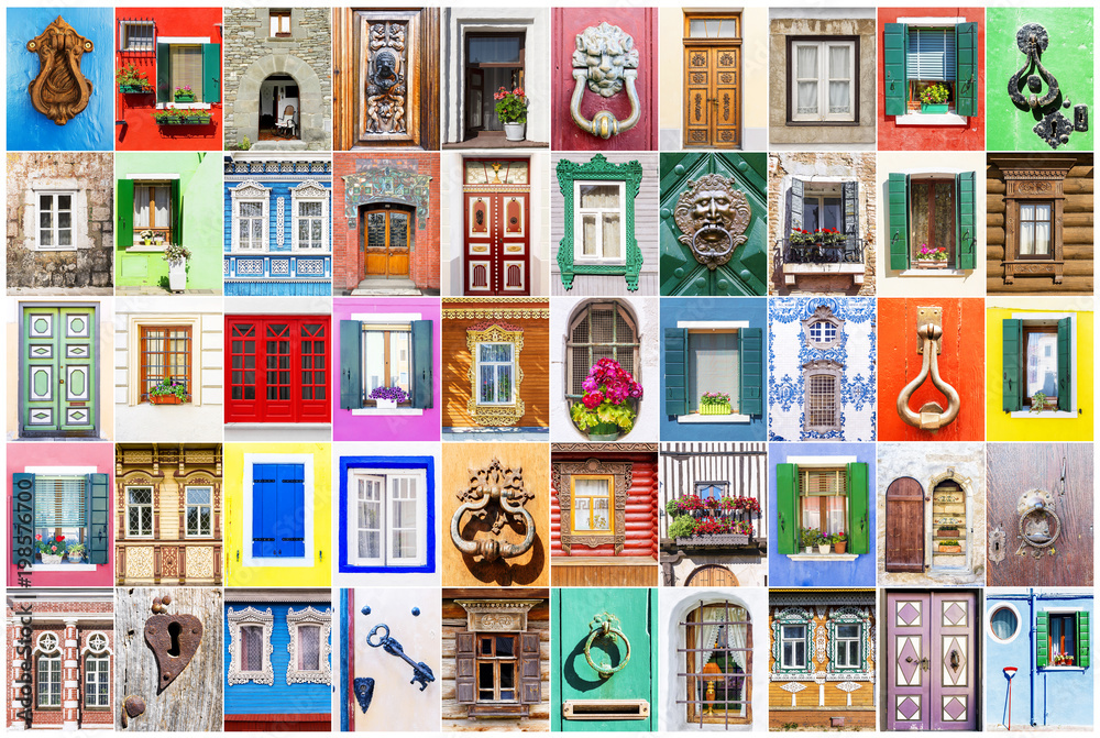 collage of various windows, doors and door handles