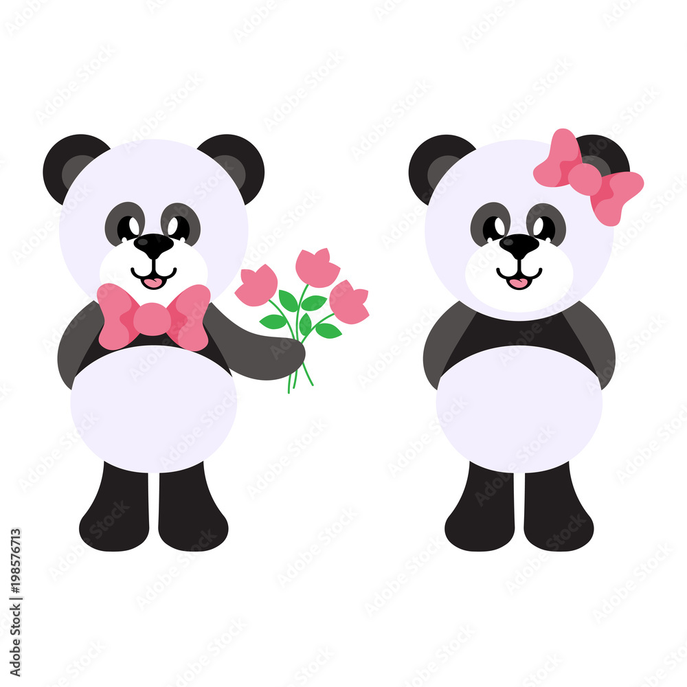 cartoon panda with tie and flowers and panda girl cartoon panda with tie and flowers and panda girl