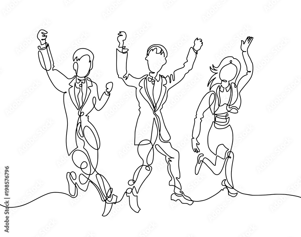 line drawing of three happy people - two men and one girl happil line drawing of three happy people - two men and one girl happil