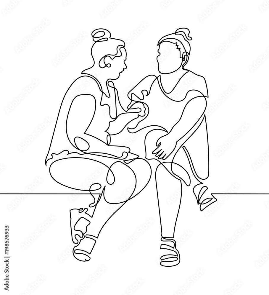 Fototapeta premium continuous one line drawing of two women are sitting and talking