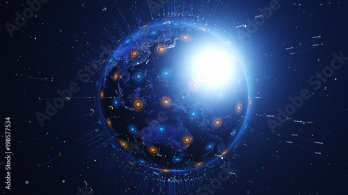 Shiny digital blue earth with city lights. Technology and global network concept.