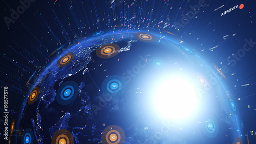 Close up shiny digital blue earth with city lights. Technology and global network concept. © Yucel Yilmaz