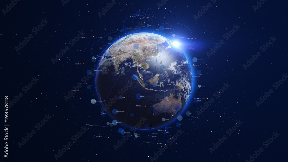 Fototapeta premium Shiny blue earth covered with lines and numbers around. Technology and global network concept.