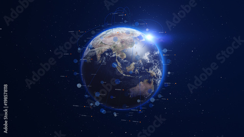 Shiny blue earth covered with lines and numbers around. Technology and global network concept.