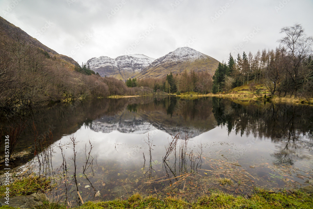 Scotland highlands near Glencoe, beautiful winter landscape for travel and hiking.