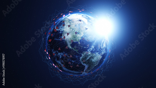 Shiny blue earth covered with 3d lines and colorful triangles around. Technology and global network concept.
