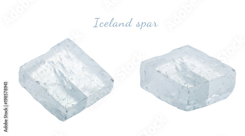 Macro shooting of natural gemstone. Raw mineral Iceland spar, Brazil. Isolated object on a white background.