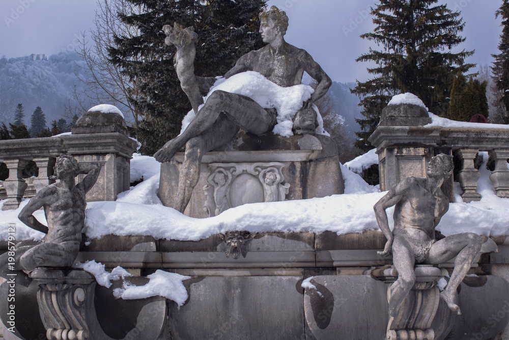 Sculptural composition of the 19th century during the winter on the background of the Carpathian mountains Sculptural composition of the 19th century during the winter on the background of the Carpathian mountains