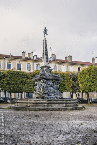 In centre of Place d'Alliance raises a remarkable fountain (1753), inspired by fountain in Piazza Navona in Rome. Nancy, Meurthe-et-Moselle department, Lorraine, France.