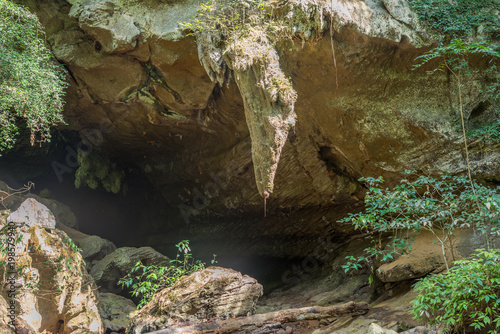 Big stalactite at the entrance and mouth of the Nam Talu cave in the national park Khao Sok in Thailand