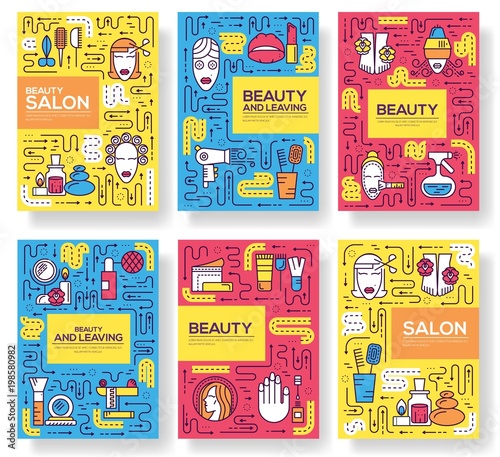 Thin line seller standing in boutique brochure cards set.  Stylish fashionable clothes template of flyear, magazines, poster, book cover, banners. Outline Fashionable invitation concept