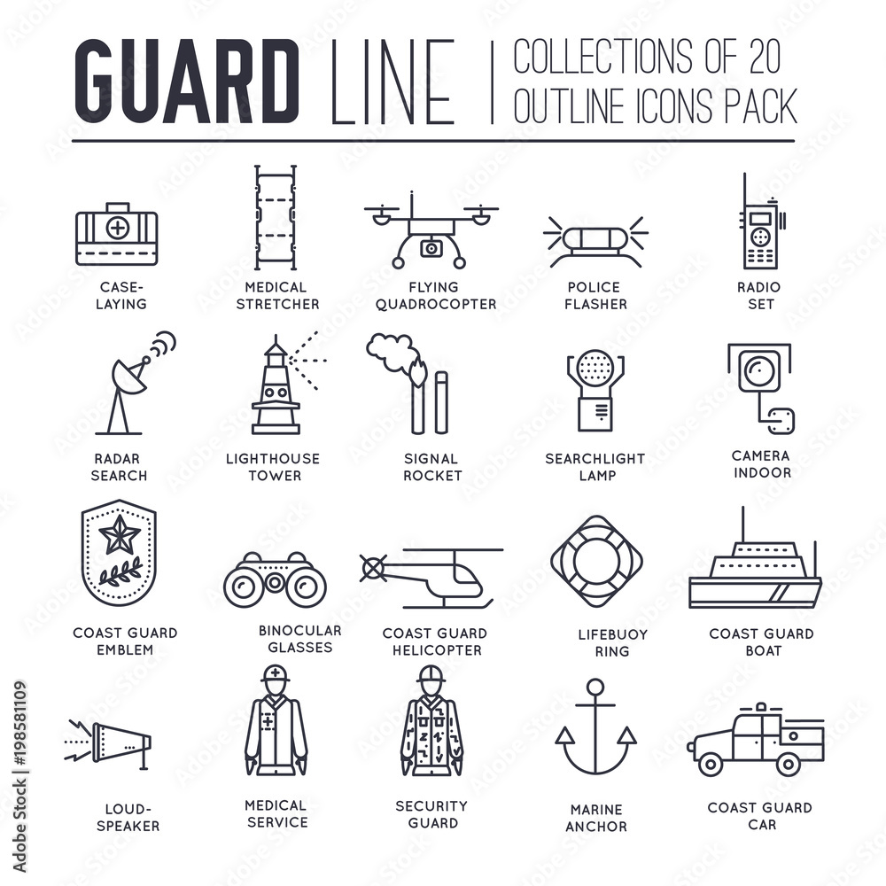 coast guard day illustration vector outline icon set. Guarding the order elements concept coast guard day illustration vector outline icon set. Guarding the order elements concept