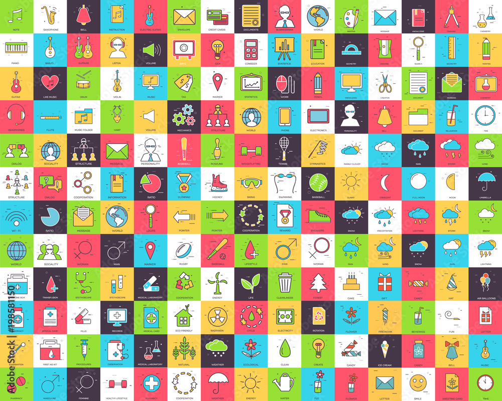 thin line set of : business, music, office, weather, social, eco neture, digital gadget, medical, happy birthday, sport. Flat vector outline illustrations template concept for infographic design thin line set of : business, music, office, weather, social, eco neture, digital gadget, medical, happy birthday, sport. Flat vector outline illustrations template concept for infographic design