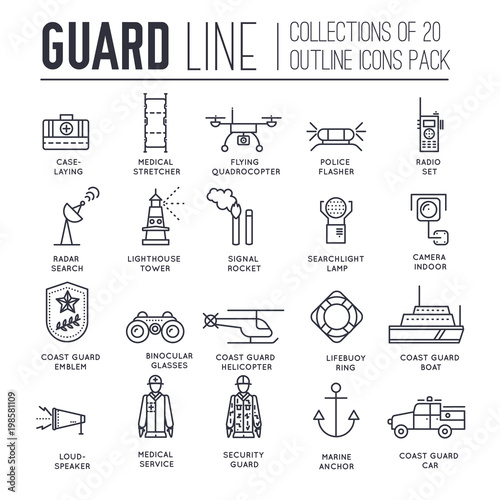 coast guard day illustration vector outline icon set. Guarding the order elements concept 