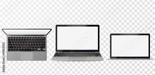 Realistic laptop incline 90 degree isolated on white background. computer notebook with empty screen. blank copy space on modern mobile computer. photo