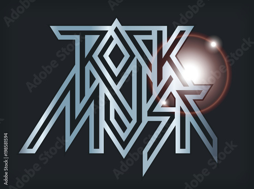 Rock Music - vector metal logo, emblem, label, badge or design element isolated on black background. Creative lettering for t-shirt in modern style