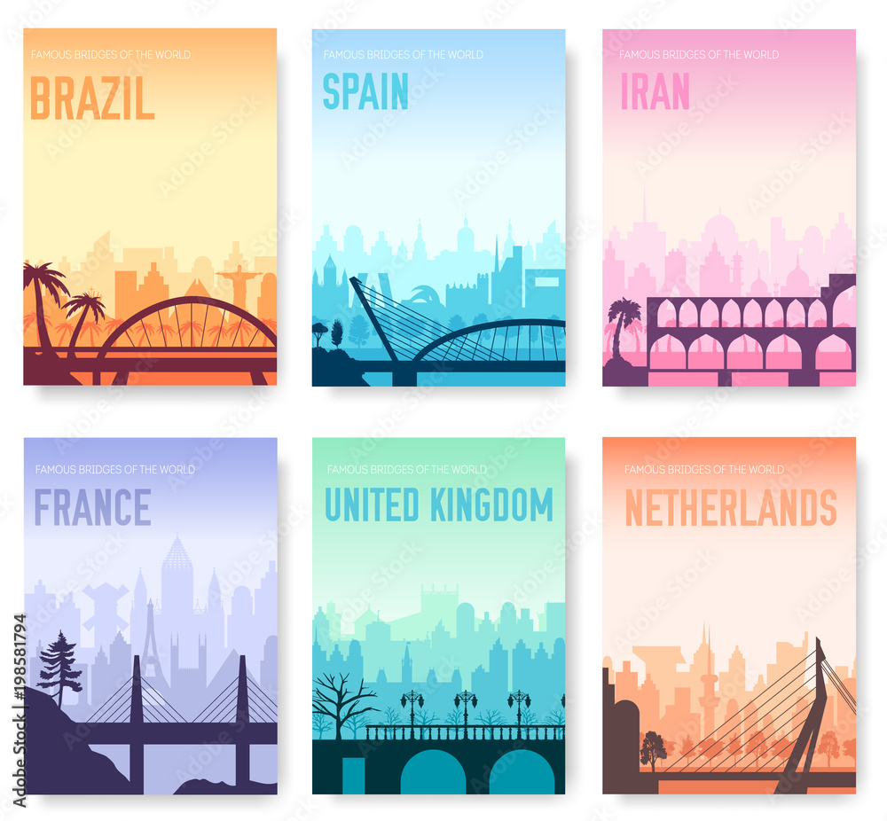 Bridge of Brazil, Spain, Iran, France, England, Netherland brochure cards set. Monument template of flyear, booklet, magazines, poster, book cover, banner. Invitation concept. Layout modern page.