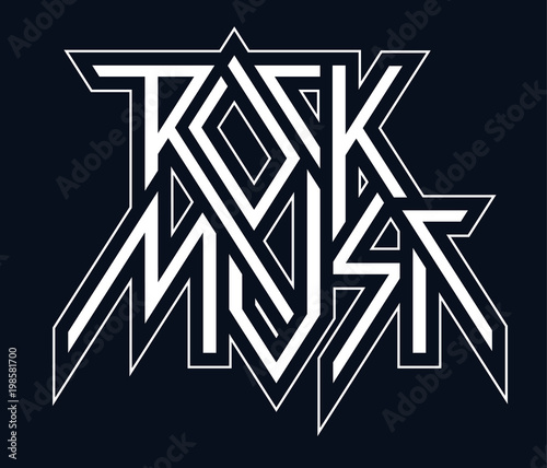 Rock Music - vector black and white logo, emblem, label, badge or design element isolated on black background. Creative lettering for t-shirt in modern style