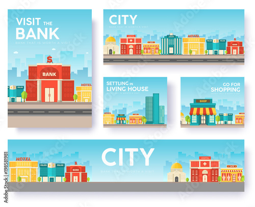 Building city information cards set. Architecture template of flyear, magazines, poster, book cover, banners. Construction infographic background. Layout illustrations modern pages with typography