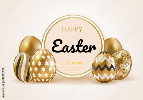 Happy easter greeting card, gold easter eggs with geometric pattern. Vector illustration