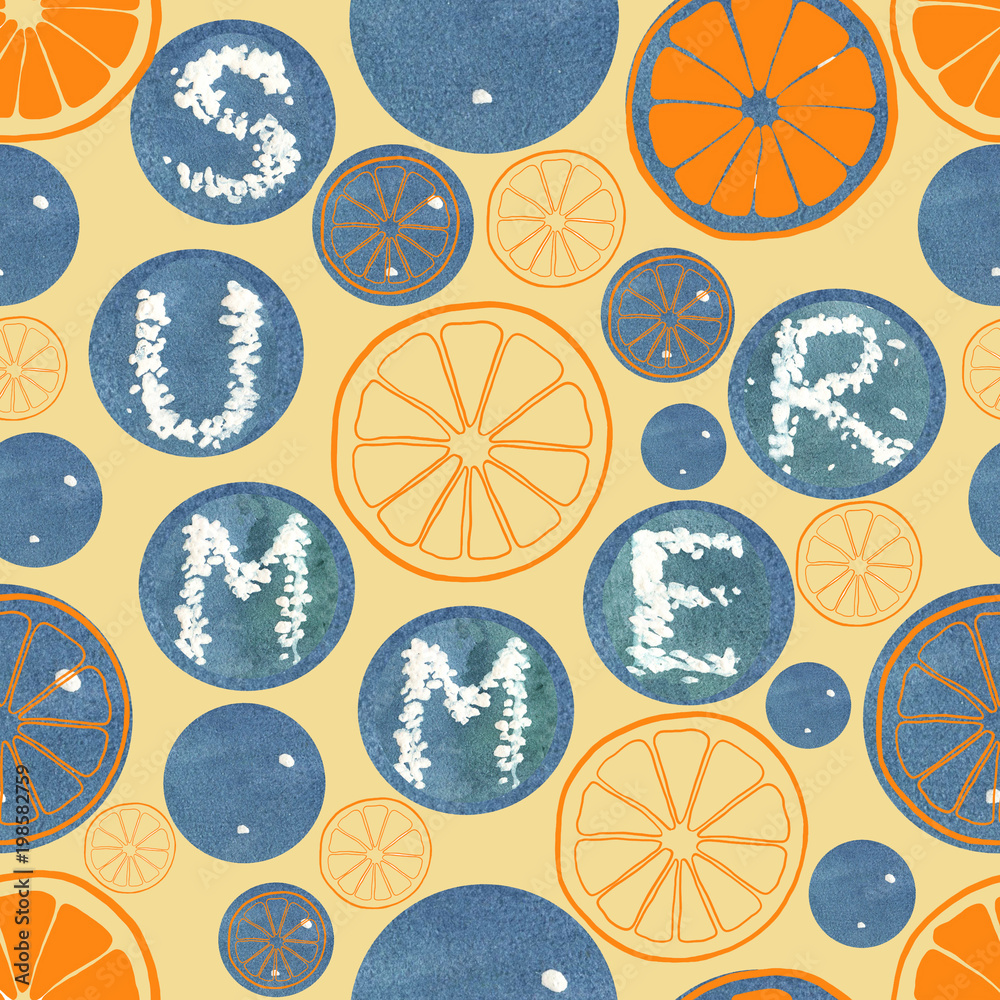 Sunny bright orange slices. Watercolor natural summer seamless pattern. Organic vitamin  illustration on yellow background